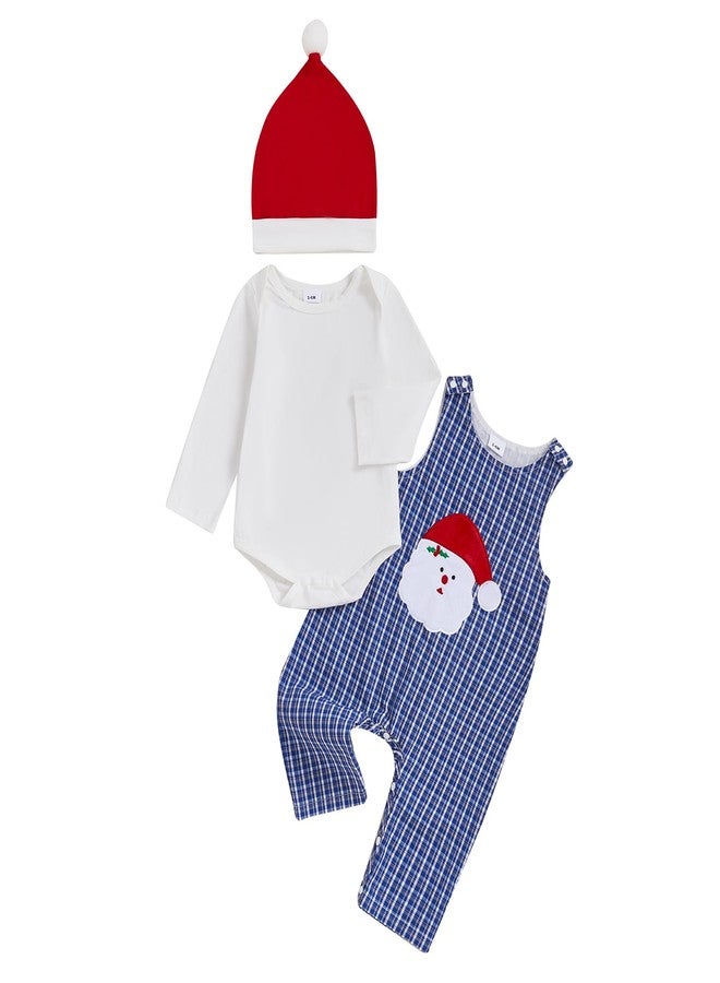 Rtnnsbbfcm My First Christmas Baby Boy Outfit Long Sleeve Romper + Santa Overalls Pants + Hat Newborn Christmas Clothes Sets (Chirstmas - Blue, 12-18 Months) - Image 1